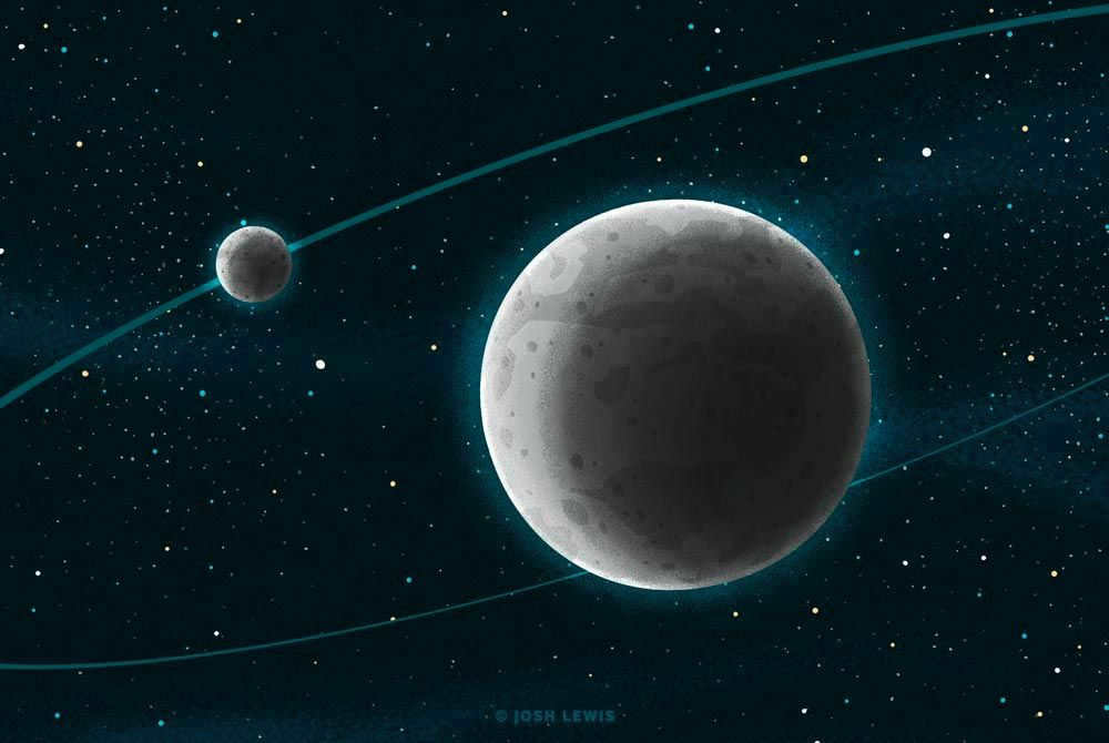The dwarf planet Erida and its satellite Dysnomia in the artist's imagination.