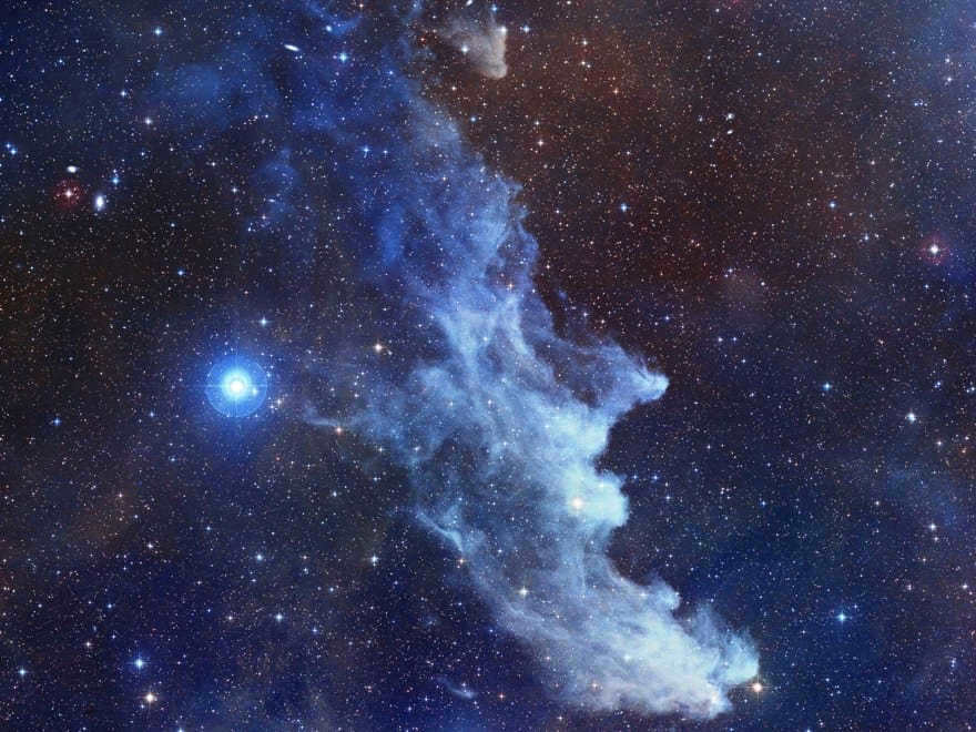 The Witch's Head Nebula is associated with the star Rigel. It shines due to the star outside the upper right corner. The dust of the nebula reflects the light. The blue is due not only to the color of Rigel, but also because the dust reflects blue much better than red.