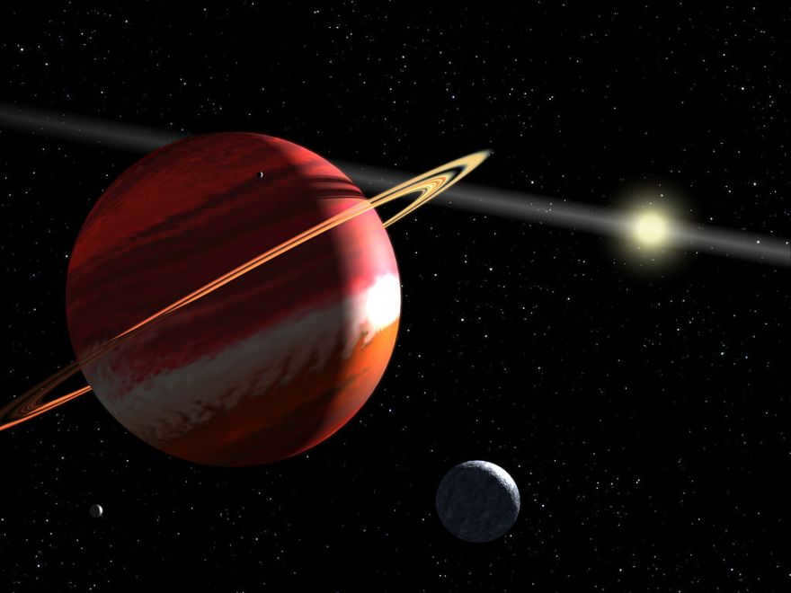 This is an artistic interpretation of a planet with the mass of Jupiter orbiting Epsilon Eridanus. The planetary orbit forces the object closer to the star. It is the closest exoplanet to our system. Epsilon Eridanus is a young star (800 million years old) surrounded by 20 billion miles of dust. The image shows the disk very well, as it would be seen from the orbit of a planet in the same plane. The planet's rings and satellites are hypothetical but plausible assumptions. It is a gas giant, so there is no life to speak of. However, there is a possibility that its moons have the necessary conditions.