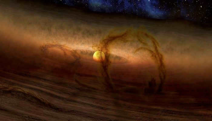 Illustration of the gases enveloping the young Sun from which Jupiter emerged