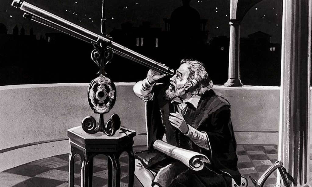 Galileo looking through a telescope of his own invention
