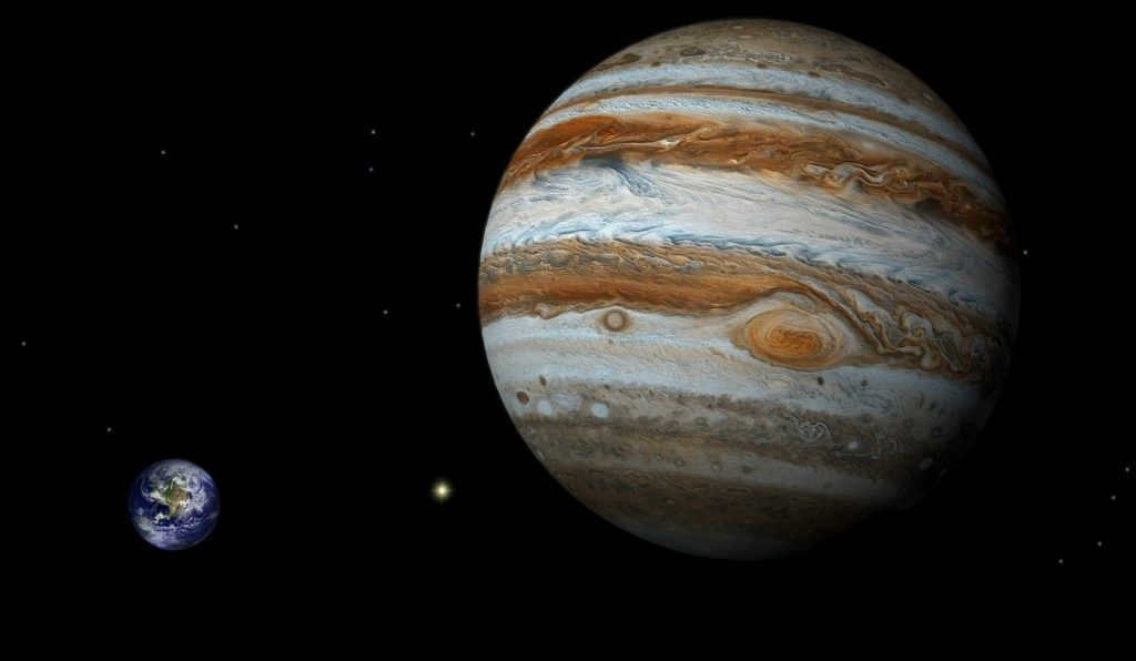 A visual comparison of the size of the Earth and Jupiter