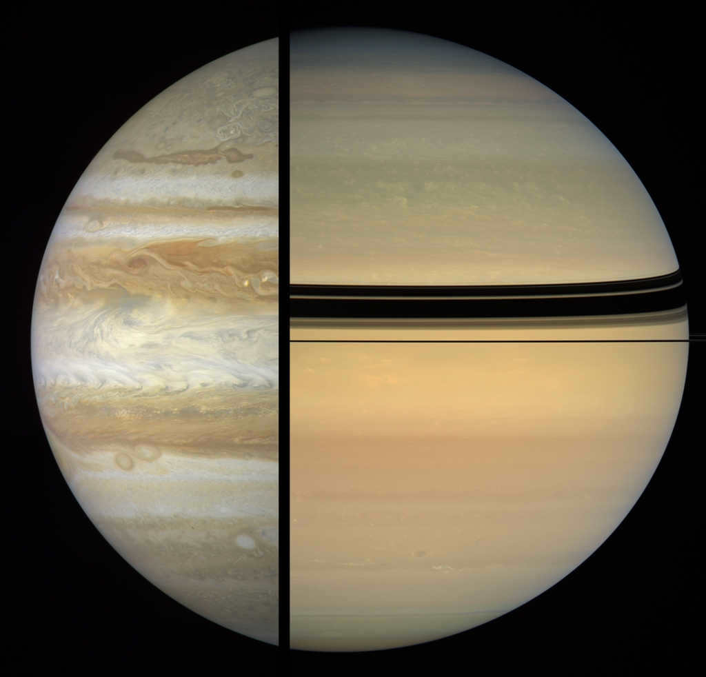 Comparison of Jupiter and Saturn. The scale is not respected.