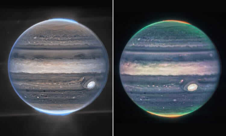 Jupiter's clouds and moons. Composite image of Jupiter with NIRCam. Photo.