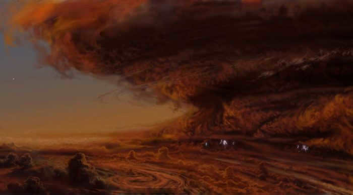 Artistic depiction of a hurricane on Jupiter