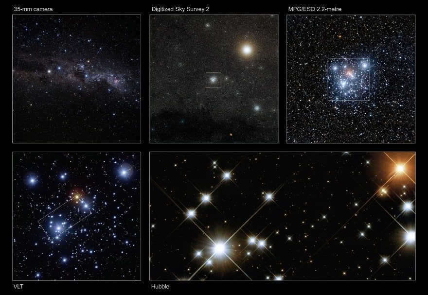 This is a composite image showing the rich star field in which NGC 4755 is located. It shows different zoom levels from different telescopes. 