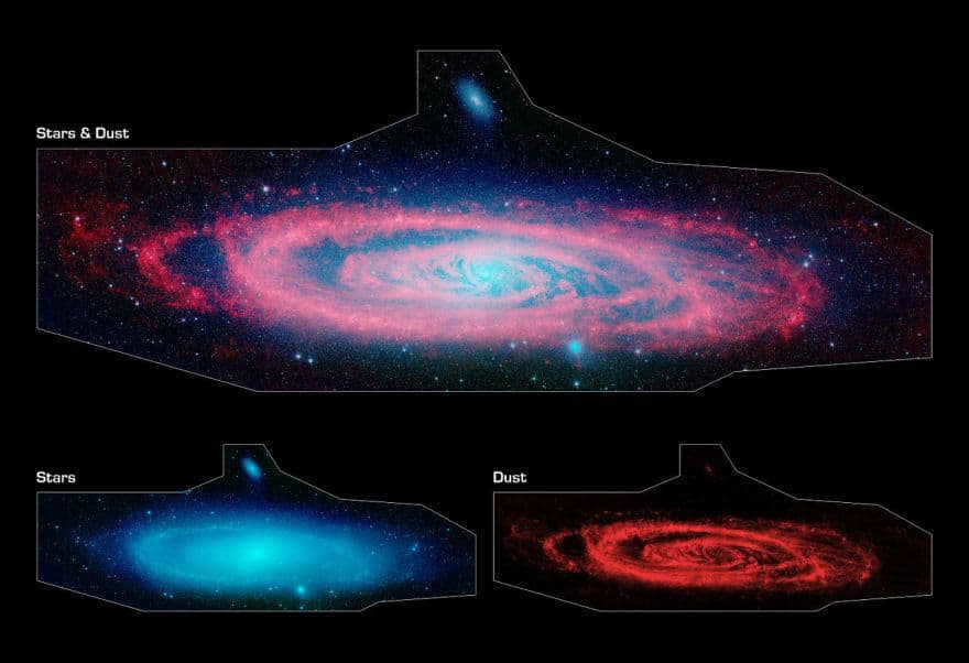 Infrared composite image extracted by the Spitzer telescope showing the Andromeda galaxy. The main image (top) shows the contrast between the wavy arcs of dust (red) and the smooth canvas of ancient stars (blue). Below you see the older stars (left) and dust (right). The stars in the spiral galaxy type appear in sleeves, but the cores keep the ancient representatives. You can see that the dust lanes are completely twisted toward the center. If viewed in visible light, the center stands out with its brightness. Scientists use these images to calculate the level of infrared brightness. The amount of this light depends on the masses, so this is a definite way to weigh the galaxy. It turns out that stars have 110 billion times the mass of the sun, meaning there are about a trillion stars in total. If you compare it to our galaxy, it has 400 billion stars. Andromeda is accompanied by the satellite galaxy NGC 205 and M32.