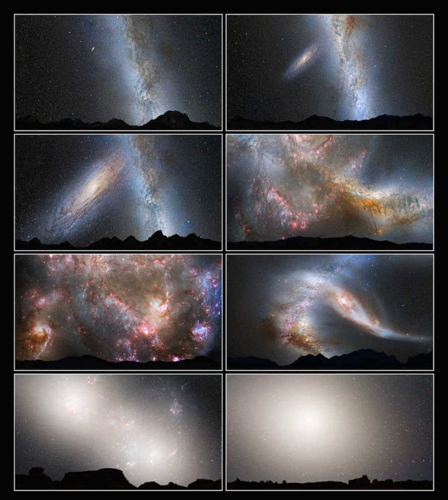 A series of images displays speculation of how the Milky Way will merge with Andromeda