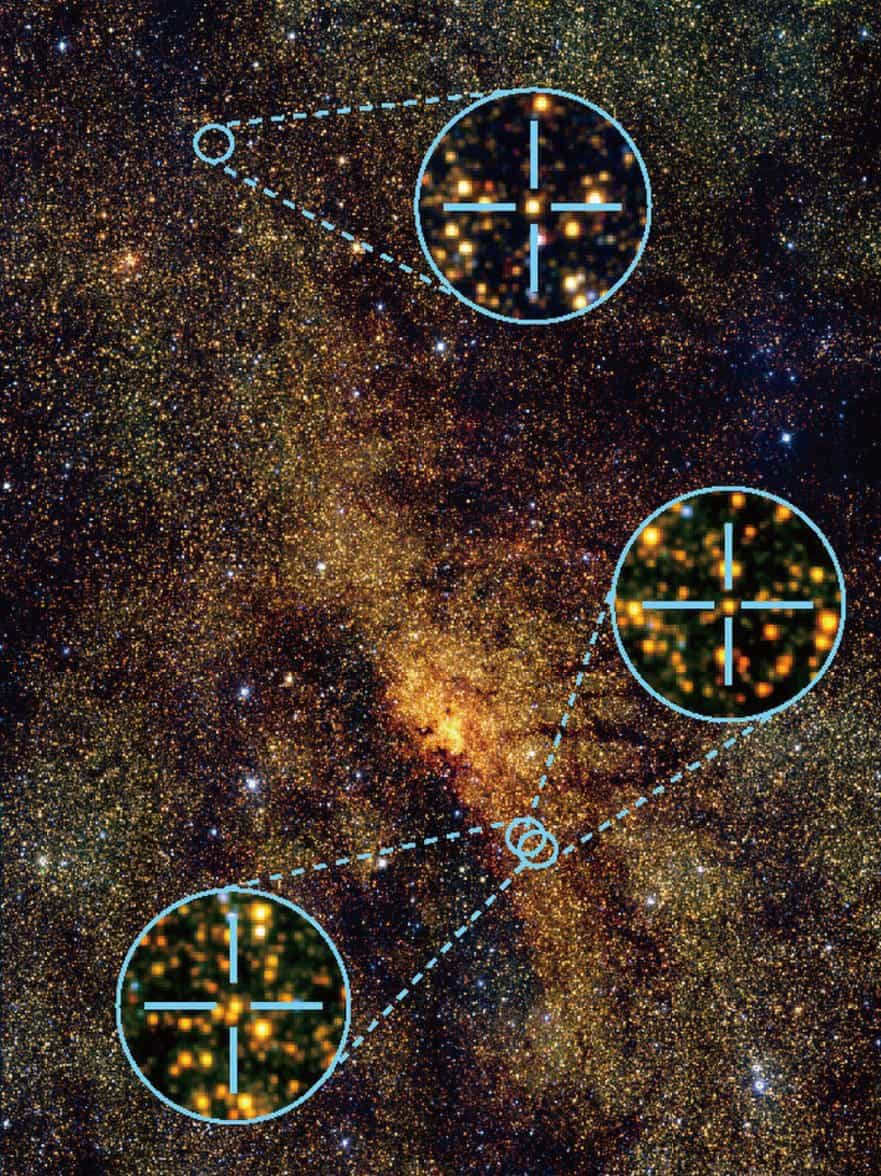 An image of the center of the Milky Way shows three variable Cepheids. They are used to determine the distances and ages of objects