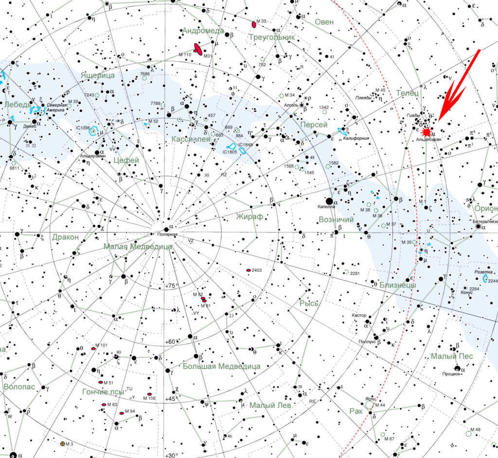 Map of the starry sky and Aldebaran on it