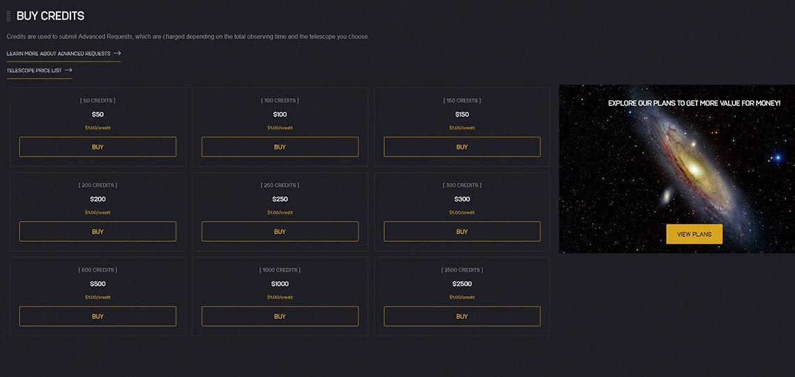 Rates for credits and remote telescope access