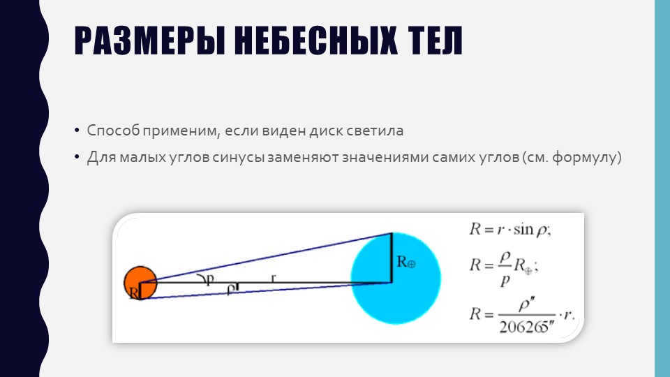Dimensions of celestial bodiesThe method is applicable if the disk of the luminary is visible For small angles. 