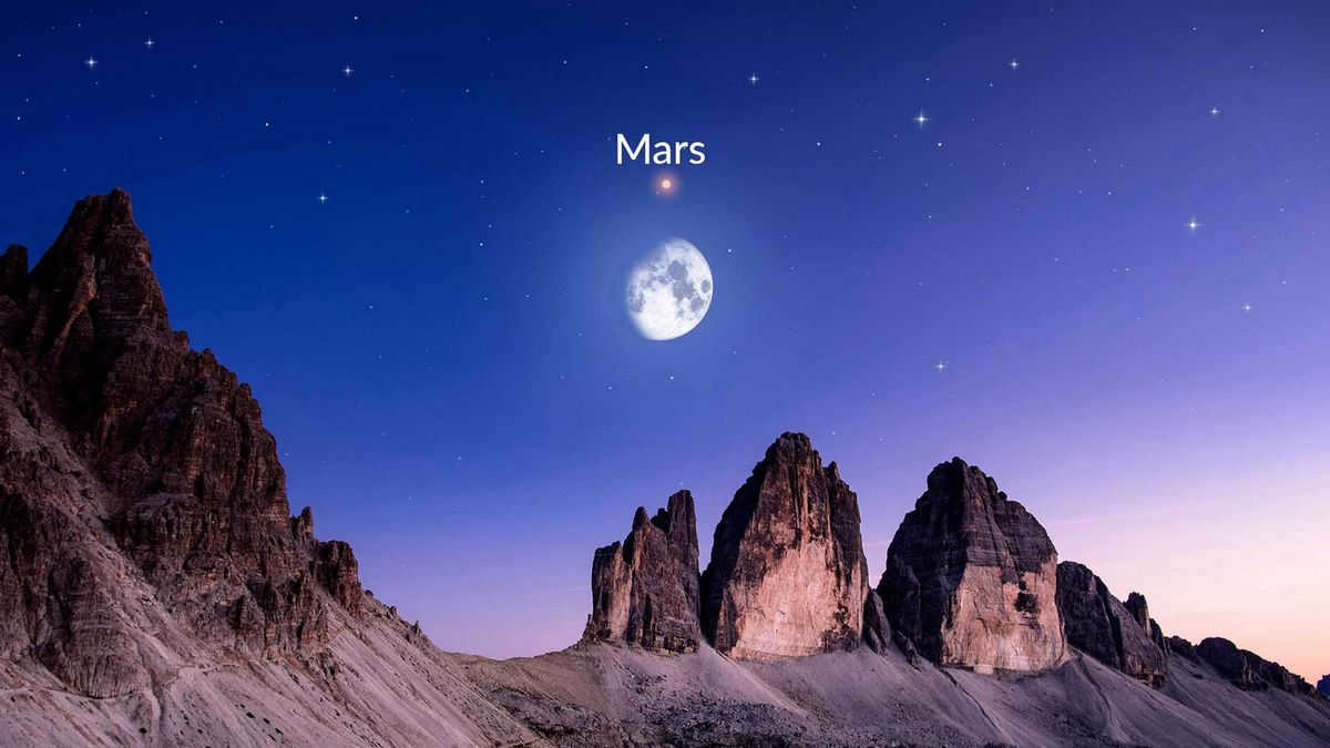 Moon and Mars shining together in the night sky