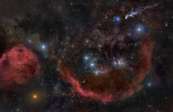 Panorama of the neighborhood around the Orion Nebula, stitched from 32 images