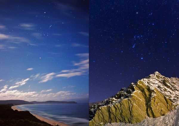 Orion constellation on the sea and in the mountains