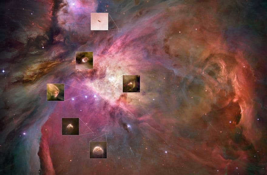 M42 contains dozens of "baby" planetary systems. In this shot, we were able to capture 6 modest "spots" that carry great potential (top to bottom): 132-1832, 206-446, 180-331, 106-417, 231-838 и 181-825. They found two kinds of disks in the gaseous folds: close to the bright star (Theta1 of Orion C) and distant. It heats the gas, which increases their luminosity. Remote disks lack this energetic radiation, so they don't ignite the gas and appear as dark silhouettes (their dust absorbs the visible light of the background). They are also important because they allow us to study the characteristics of dust grains capable of forming an Earth-like planet. The bright disks are highlighted by a protrusion and are turned toward the star. Another notable feature is jets of matter and shock waves. The latter appear when stellar wind from a neighboring massive star collides with the gas of the nebula. The result is interesting shapes resembling an arrow or boomerang