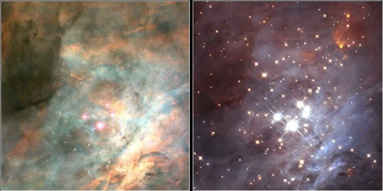 Two views of Orion's Trapezium taken by Hubble. The image on the left is an optical spectrum showing stars shrouded in burning gas and dust. On the right is an infrared image that penetrates through the haze to capture stars and brown dwarfs.