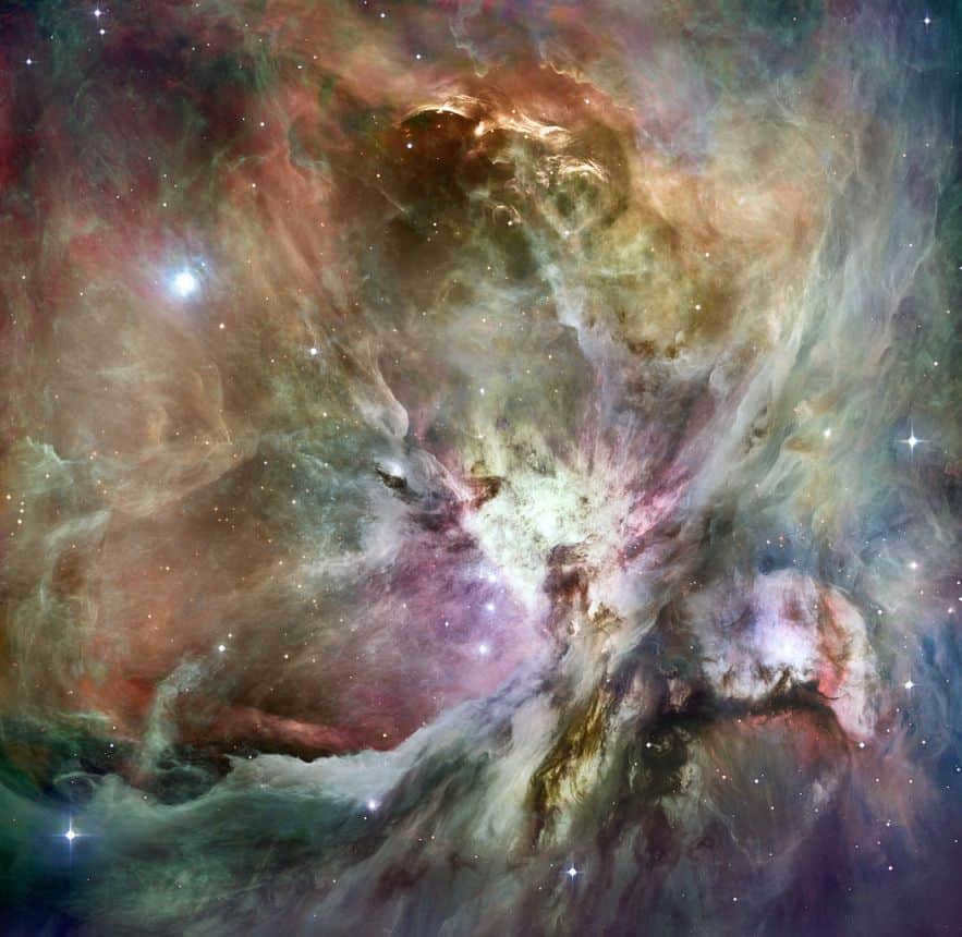 This is a combination of Hubble and Spitzer telescope images of the Orion Nebula
