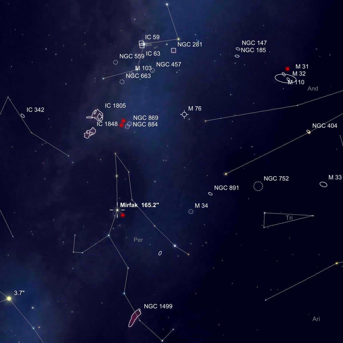 Perseus and Cassiopea star clusters finder chart