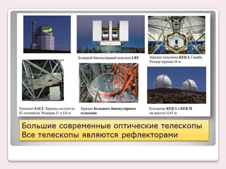 Large Modern Optical Telescopes All telescopes are reflectors