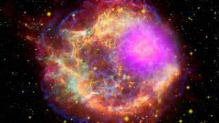 Composite shows the Cassiopeia A supernova remnant across the spectrum: Gamma rays (magenta) from NASA