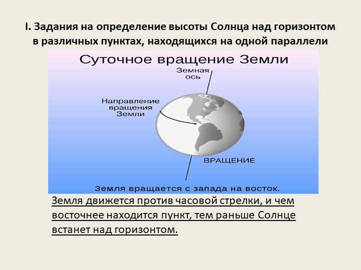 I. Tasks to determine the height of the Sun above the horizon at various points, n. 
