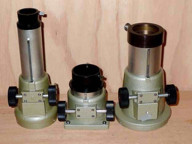 Rack focusers for the refractor (left 1.25", right 2"), for the Newton system reflector (center, 2").