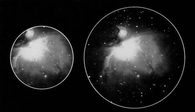View of the Orion Nebula through eyepieces with the same focal length but different field of view.