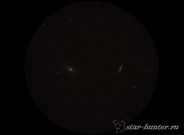 Galaxies M81 and M82 in the constellation of the Big Dipper - an approximate view through binoculars 20x60 and telescopes with a diameter of 80-90 mm.