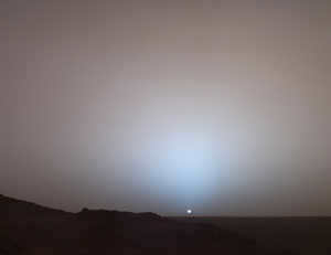 Sunset on Mars approaching the shaft of Gusev crater.
