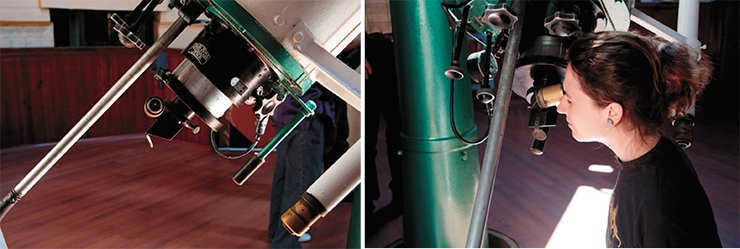 Observation through the telescope's main eyepiece; to the right of the telescope is the eyepiece of the finder.