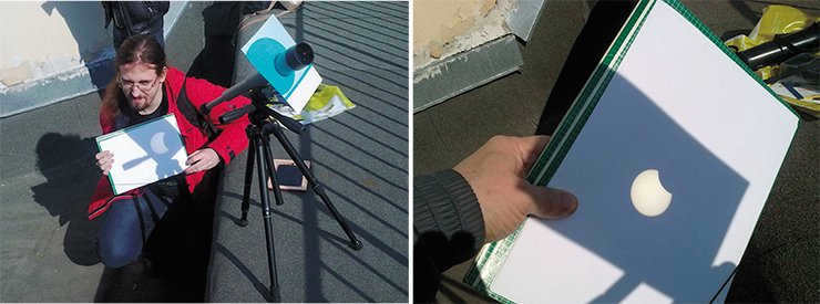 Observation of the solar eclipse on March 20, 2015 on the roof of the Moscow State University's State Academy of Arts and Sciences using a small telescope and a projection screen. Photo: V.G. Surdin
