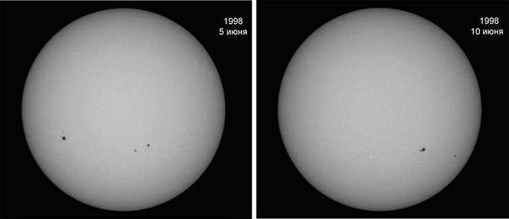 It's only been five days - and the dark spots on the Sun's disk have shifted noticeably. June 5 and 10, 1998 Credit: Big Bear Solar Observatory