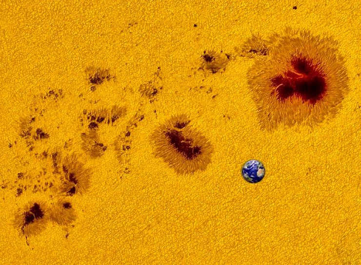 Earth on the same scale as the sunspots