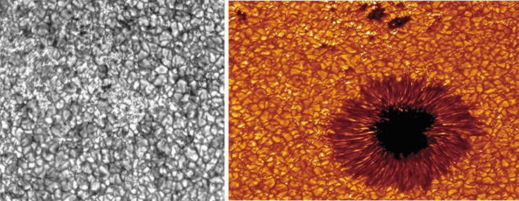 A black spot on the surface of the Sun is surrounded by a dark shell