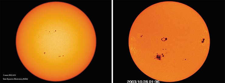 Right: the Sun in white light on June 5, 2012. Photo: Solar Dynamics Observatory, NASA. Left: There are light veins around sunspots, especially noticeable closer to the limb. Photo taken in the visible range on October 28, 2003. Credit: SOHO (ESA, NASA)