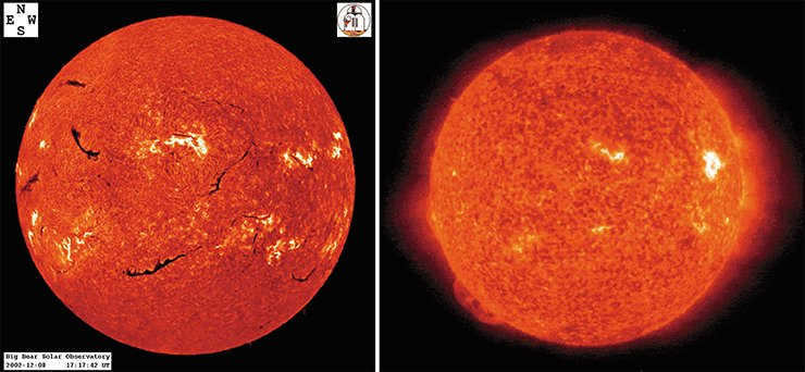 Left: the Sun in the H⍺ line on December 8, 2002. Photo: Big Bear Solar Observatory. Right: the Sun in the He II and Si XI lines (30.4 nm) on June 27, 2005. Photo: SOHO (ESA, NASA).