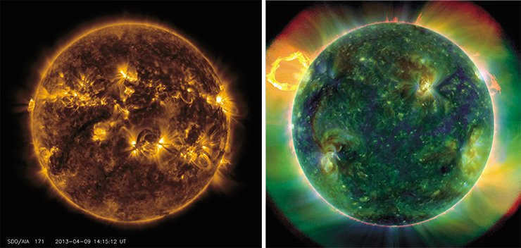 Left: the Sun in the Fe IX (17.1 nm) line of eightfold ionized iron on April 9, 2013. Right: the sun in the He II (30.4 nm) and highly ionized iron lines. March 30, 2010. Photo: Solar Dynamics Observatory, NASA