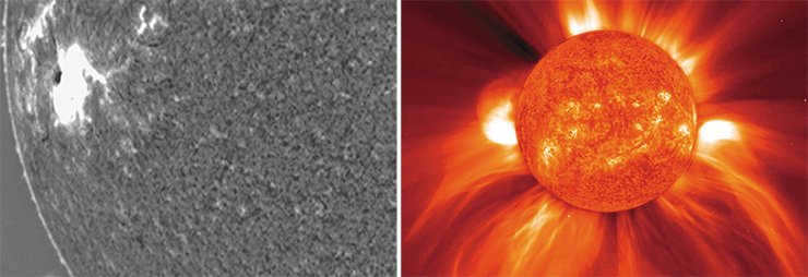 Coronal mass ejection by the Sun. January 8, 2002 The coronal region was photographed with an off-zoom coronograph, then an image of the Sun's disk in the He II line (30.4 nm) was superimposed on the image. Photo: SOHO (ESA, NASA)