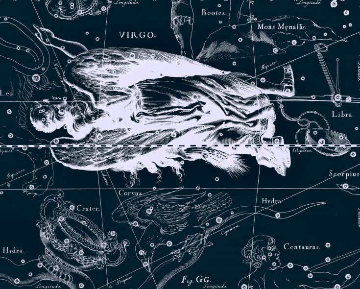 Virgo, drawing by Jan Hevelius from his atlas of constellations.