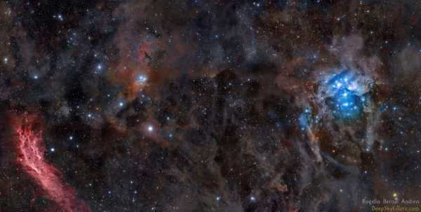 An image of the California Nebula and the Pleiades scattered cluster. Author Rogelio Bernal