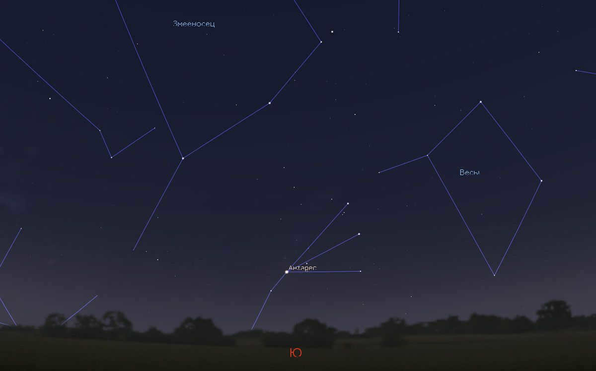 The constellation Scorpius in the sky of Moscow