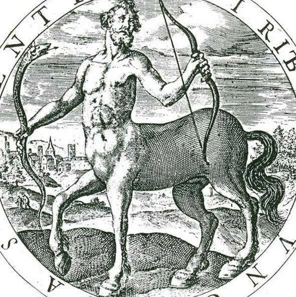 Greek mythological centaur Chiron holding a snake and a bow 