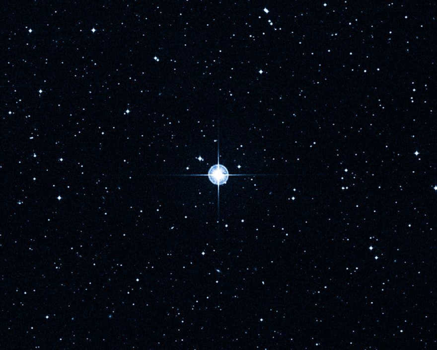Hubble was able to determine the age of the star HD 140283 to be 14.5 billion years old (+/- 800 million). It is passing very rapidly through the local stellar neighborhood. The star's orbit carries it across the plane of our galaxy from a galactic halo with a population of ancient stars. The Schmidt telescope captured it in blue light.