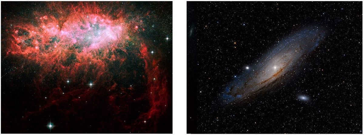 On the left is the irregular galaxy NGC 1569, and on the right is the spiral galaxy M31