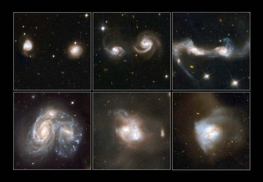 Examples of galactic mergers captured by the Hubble telescope.