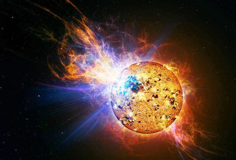 Artistic interpretation of the extremely powerful outburst of the dwarf star EV Lizard