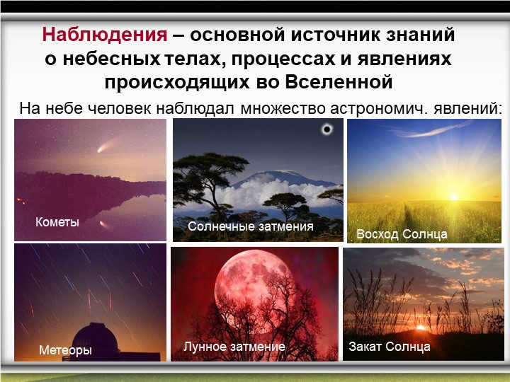 Solar eclipsesSunsetMeteorsComets Observations are the main source of knowledge. 