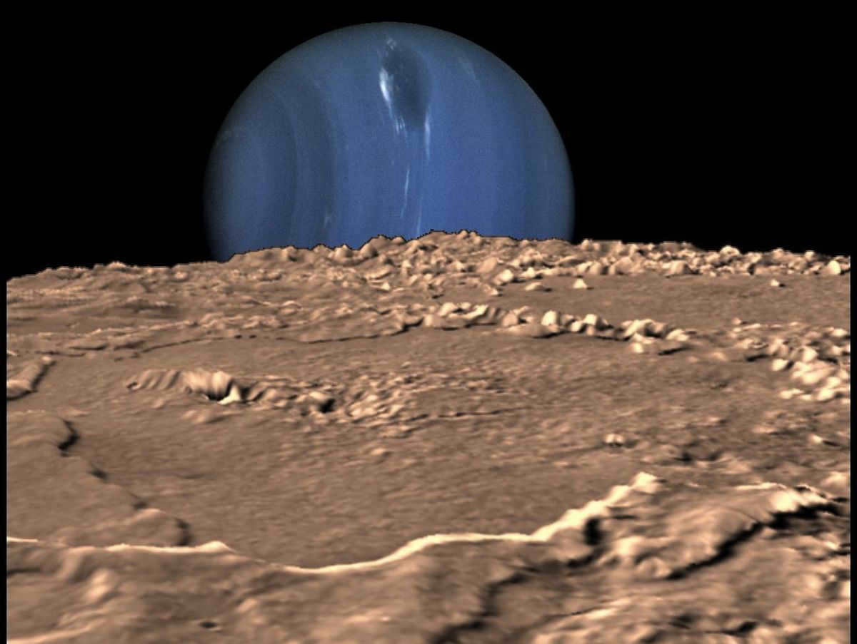 Neptune from the surface of Triton in artist's rendering