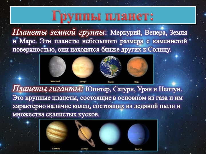 Groups of planets:Earth group planets: Mercury, Venus, Earth, and Mars. These planets are. 